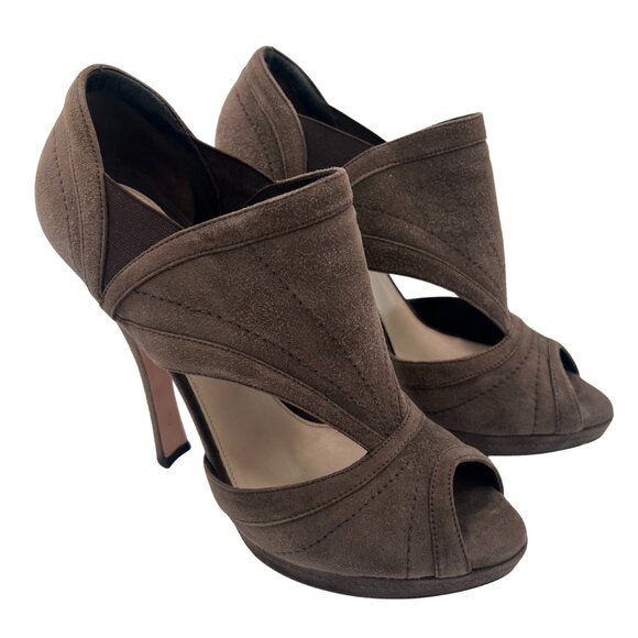Prada Brown Suede Peep Toe Platform Heels – Size 38.5 - Picture 2 of 10